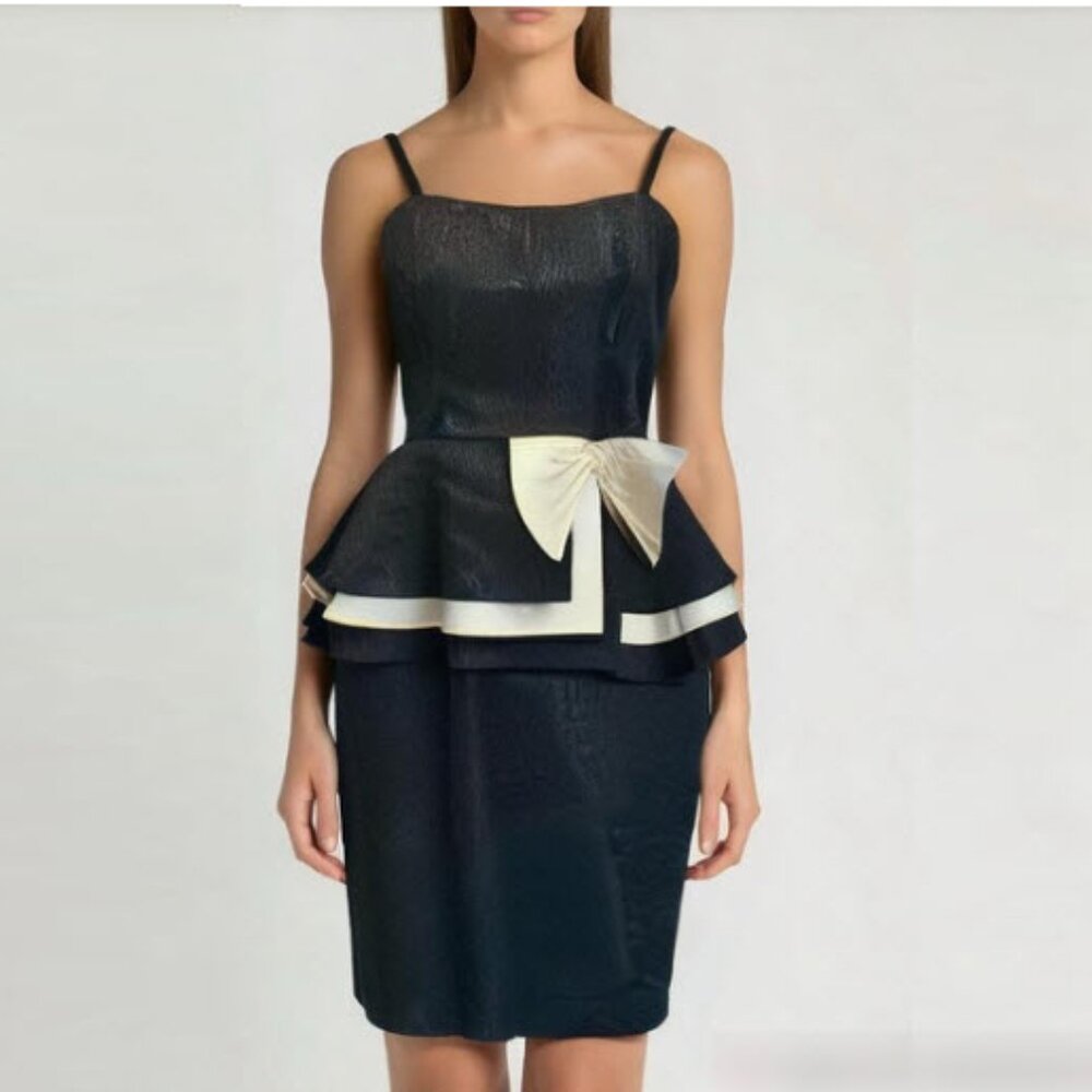 Chic Black Dress Vintage Peplum White Bow Size 10 Sleeveless Cocktail